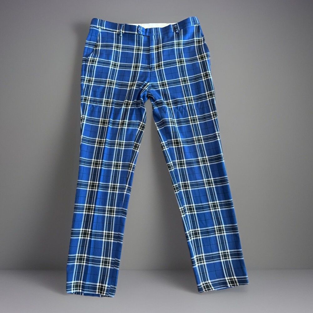 Boohoo Man Pants Mens Size 32R Blue Multi Plaid Slash Pocket Flat Front EUC